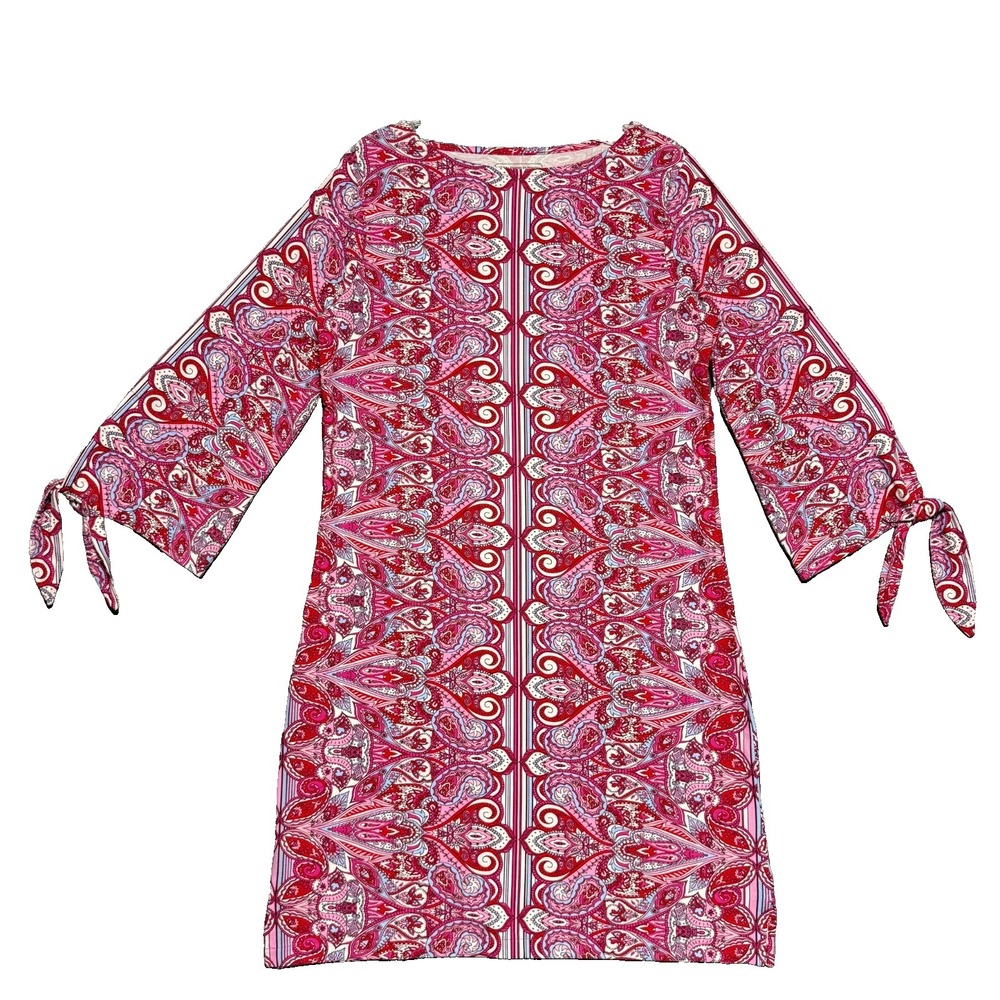 Coolibar Paisley UV Dress S Boho Pink Sun Protection Tie Sleeve Shift Resortwear